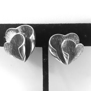 VTG DOUBLE HEART Heavy Solid Sterling 925 Clip On Earrings